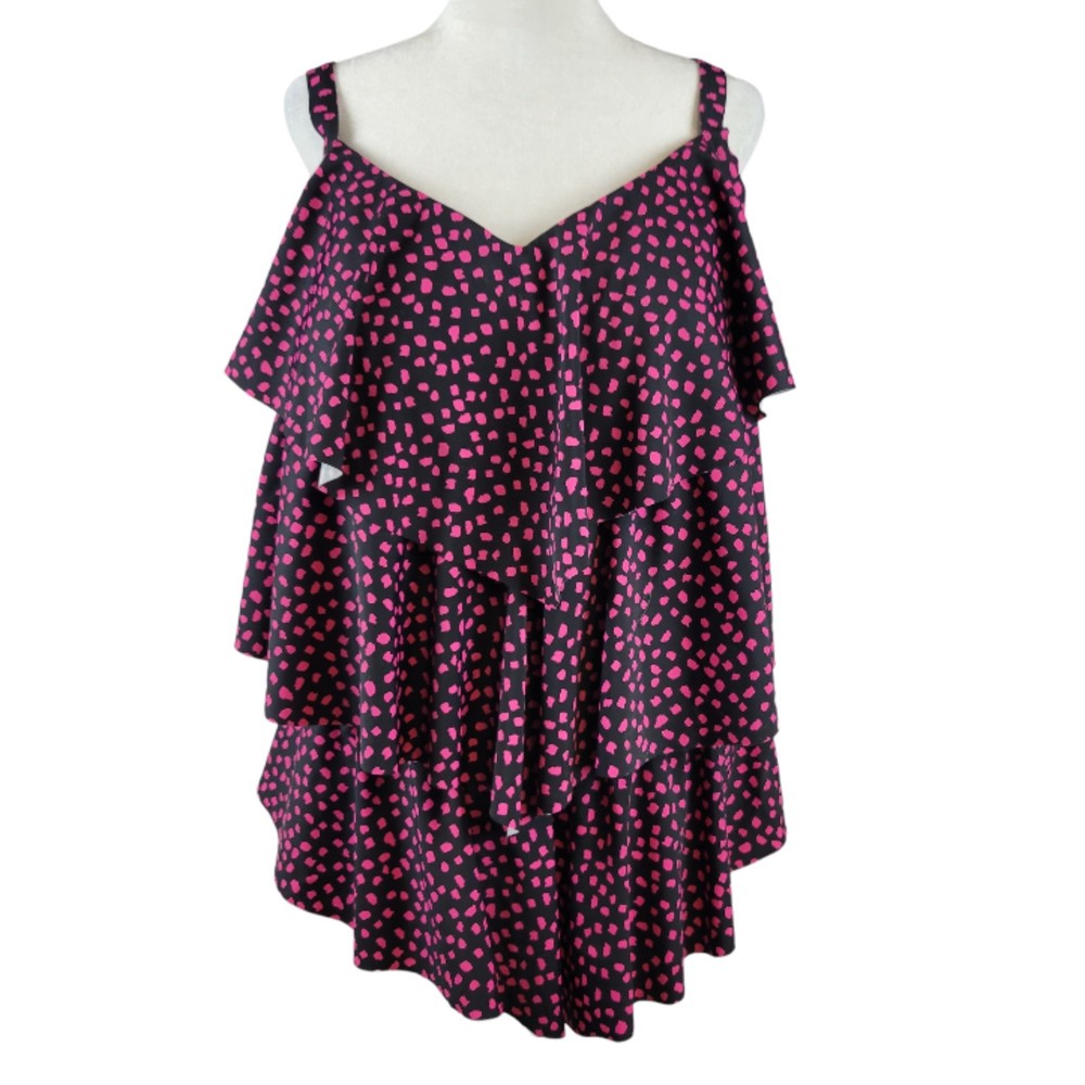Swimsuits For All Tankini Top Black and Pink Size 18 Tiered Ruffle V Neck NWT
